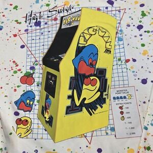 Pacman Arcade Game High‎ Scorer Hoodie Mens  L White Paint Splatters Long Sleeve